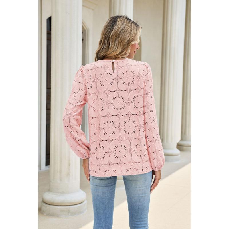 Solid Color Lace Trim Round Neck Long Sleeve Loose Hollow Blouse For Women
