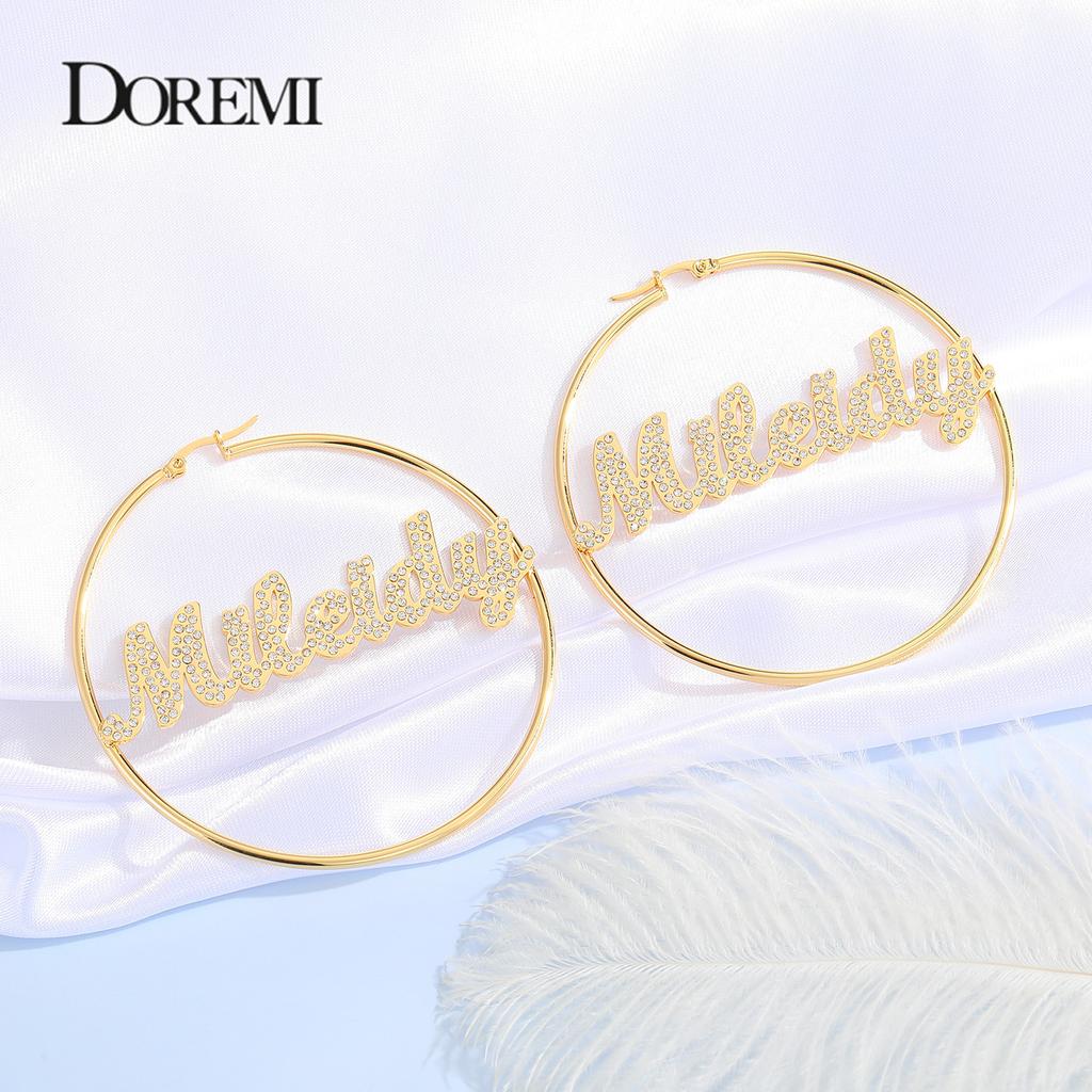 DOREMI Stainless  Name Hoops Earrings Custom Big Hoop Crystal Earrings Letter  Personalized  Earring Women Valentine's Day Gift