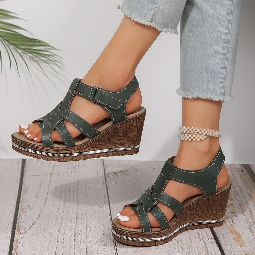 Women's Summer New Plus Size Fish Mouth Velcro Wedge Sandals Women's Fashion Platform Rhinestone Sandals