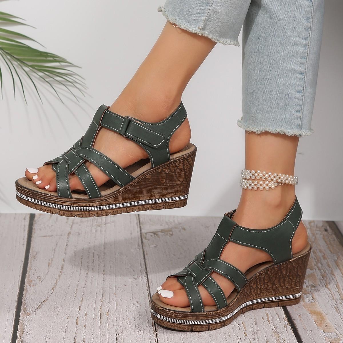 

Women s Summer New Plus Size Fish Mouth Velcro Wedge Sandals Women s Fashion Platform Rhinestone Sandals 41 зелений