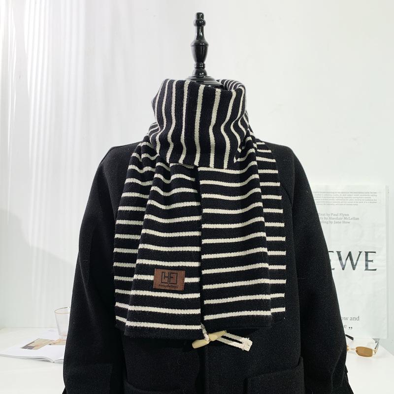 Chic style cute soft sister wool small scarf women's autumn and winter retro horizontal strip Korean version short thickened student scarf