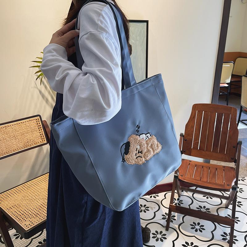 Women Canvas Tote Purse Lamb Like Fabric Shoulder Bag Bear Embroider Crossbody Handbag Casual Shopper Bag Cute For Girl