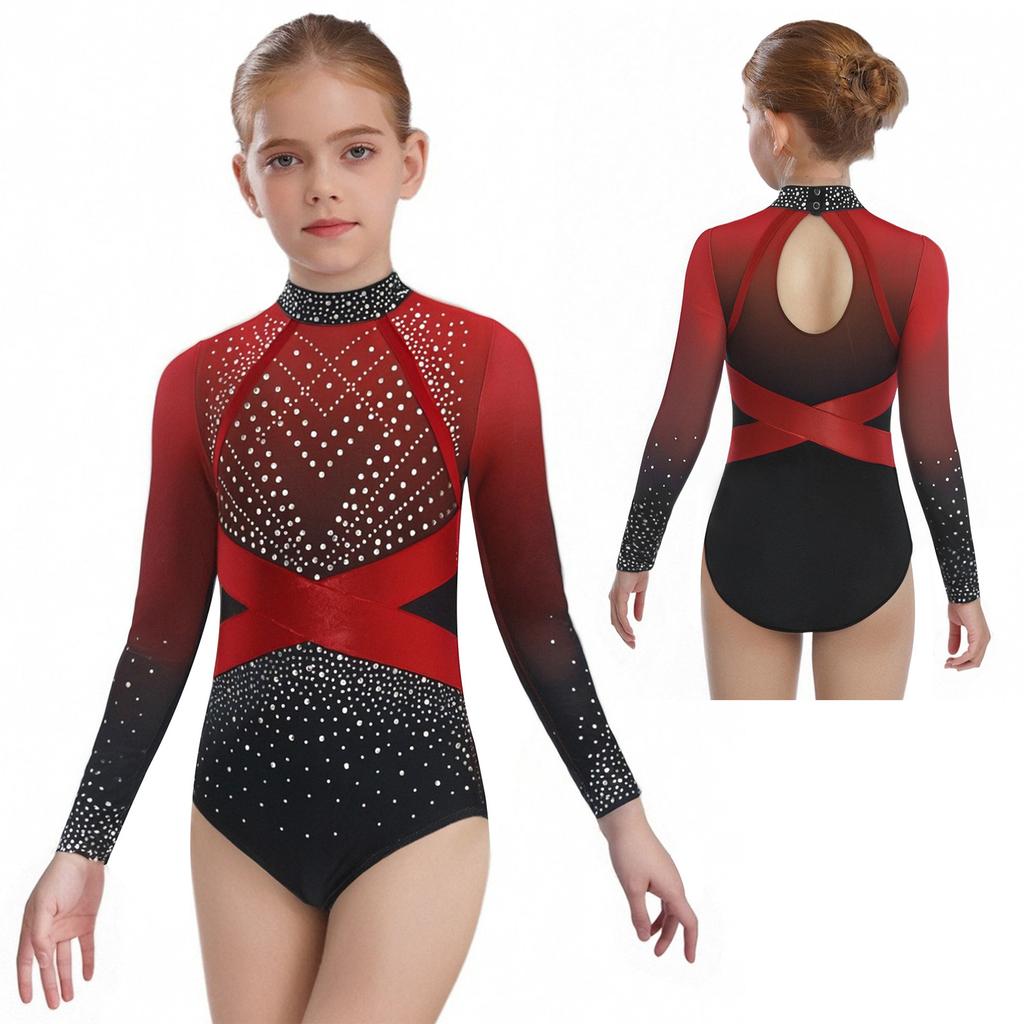 Girls Color Block Ballet Leotard Long Sleeve with Shiny Rhinestones Gymnastics Dance Outfit One Piece