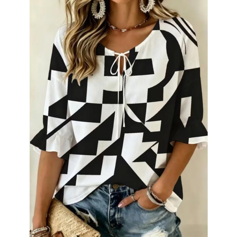 Women's Elegant Printed Lace-up Flared Top, Stylish and Versatile, Comfortable and Skin-friendly