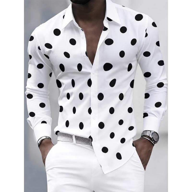 Camisa de Manga Larga con Lunares Grandes para Hombre, Camisa de Negocios con Cuello, Top Versátil Casual Europeo y Americano para Hombre