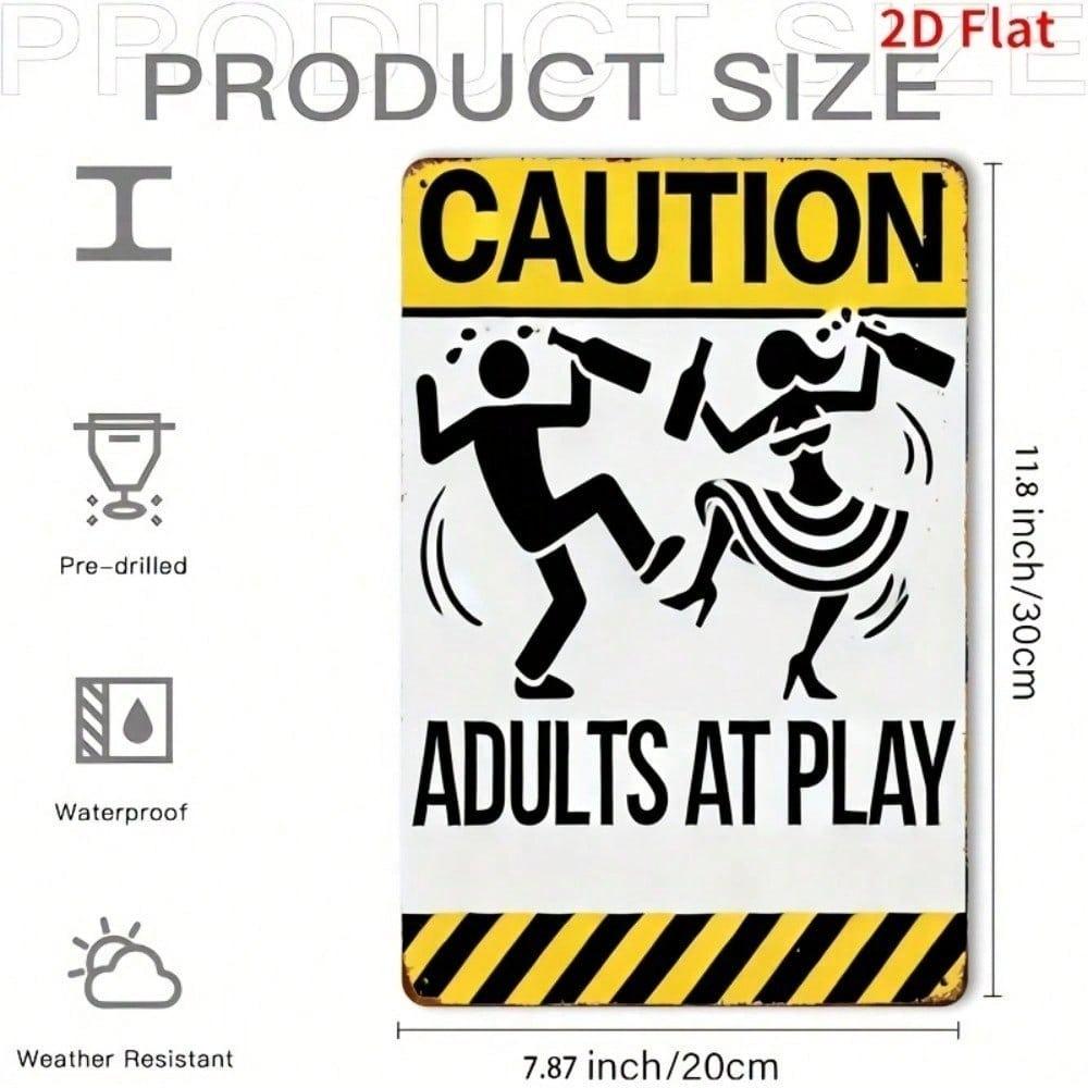 Funny Vintage Metal Wall Sign Adults At Play Caution Silhouette Iron Home Decor 8x12 Inch
