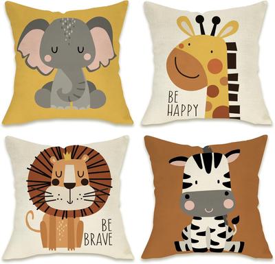 Cartoon Animals Decorative Throw Pillow Covers 18 X 18 Set of 4, Baby Elephant Giraffe Lion Zebra Outdoor Pillowcase