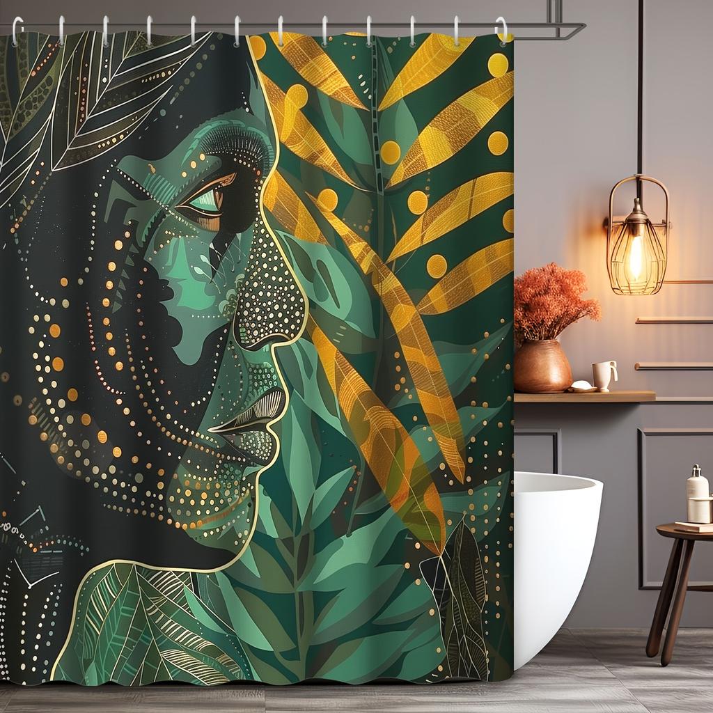 Creative Abstract Geometric Green Theme Figure Bohemian Vintage Gold Green Plants Pattern Shower Curtain With Hooks