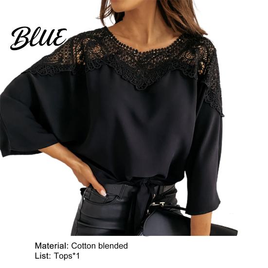Women Shirt Lady Top Crochet Solid Color Round Neck Winter Lace Stitching Hollow Fall for Work Blouse