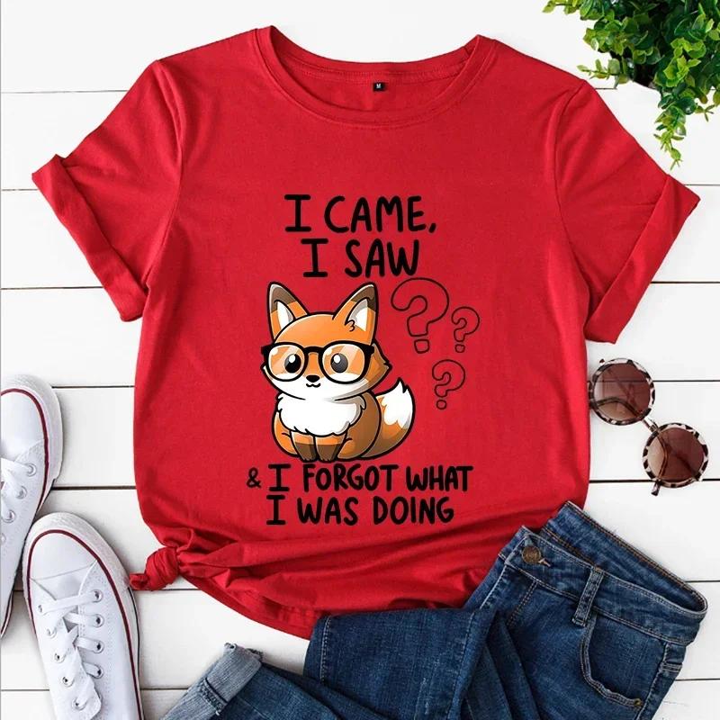Fox I Came I Saw Cute T-Shirts Women's Summer Clothing Pets Animals Tops Cartoon Fox Cotton Fashion Tees Vintage Female T-Shirts