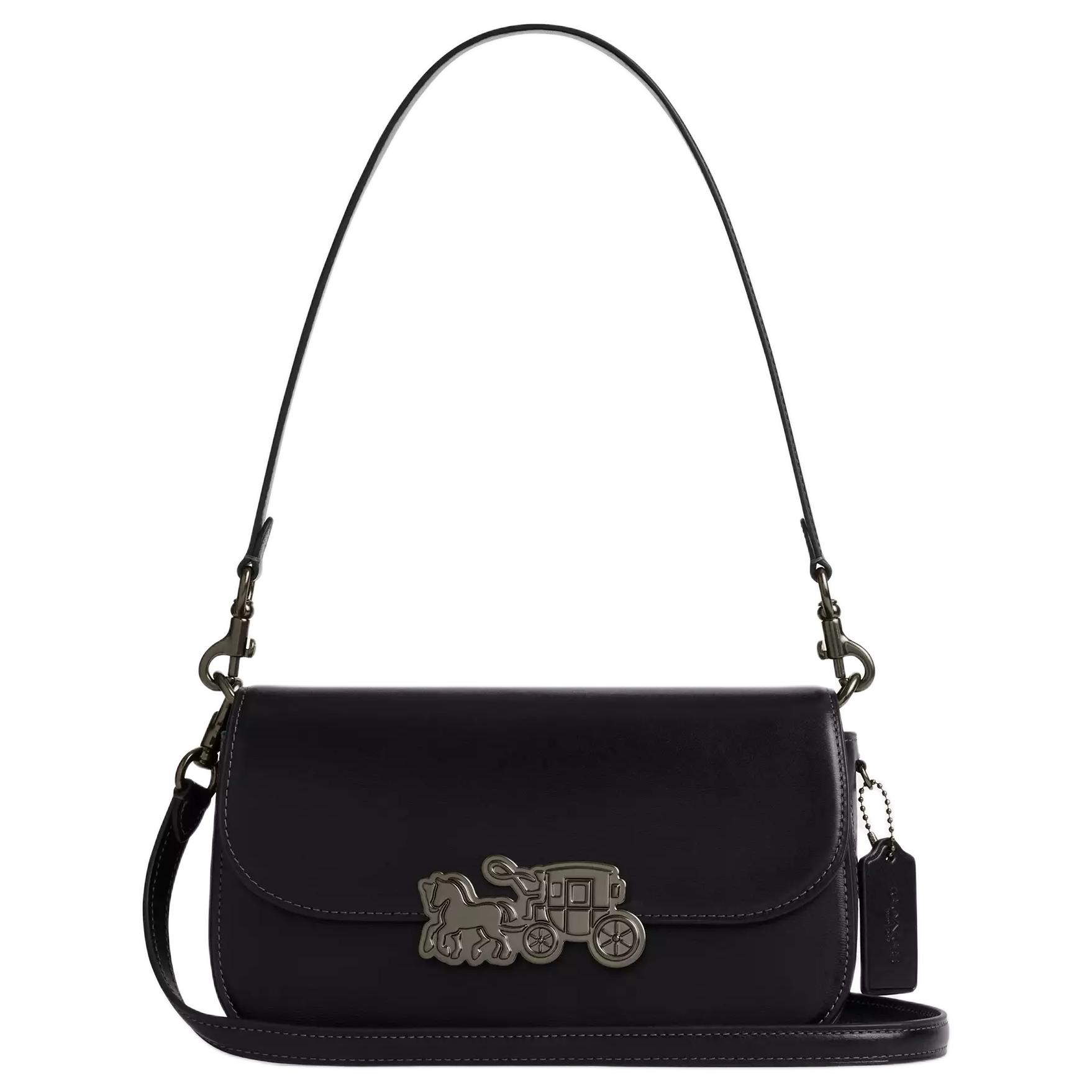 Coach Women's Black Harper 24 Metallic Hardware Detachable Handle Shiny Refined Calfskin Crossbody Shoulder Bag Medium Bags Cce65-Qbbk