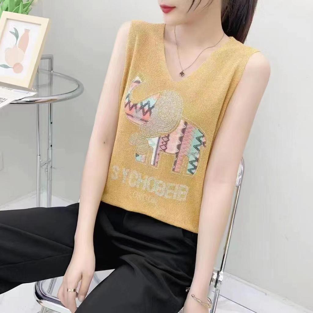 2023 Shiny Silk Sleeveless V-Neck Women's Vest - Spring/Summer New Style, Loose Fit with Hot Diamond Sling Knitted Design