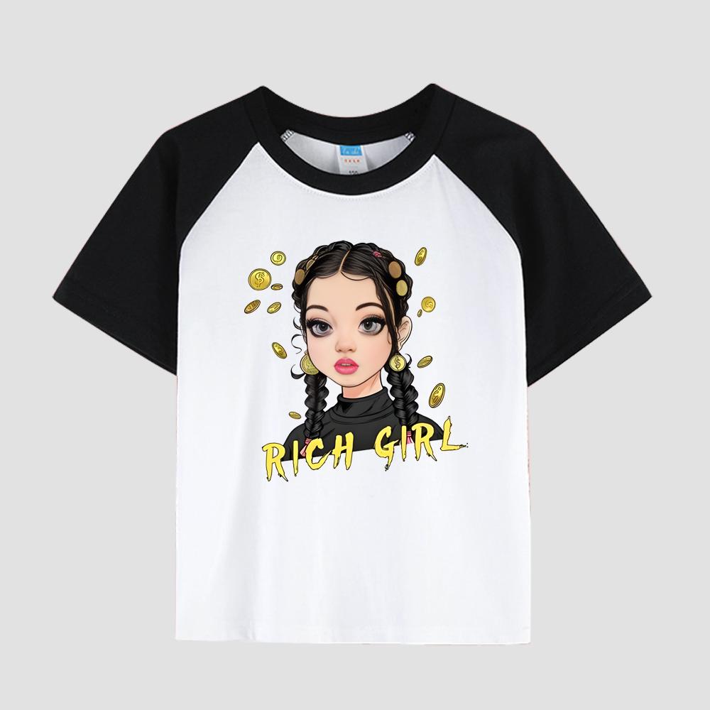 Dívčí ležérní tričko s krátkým rukávem a potiskem, bavlněná tkanina, dětský módní letní top