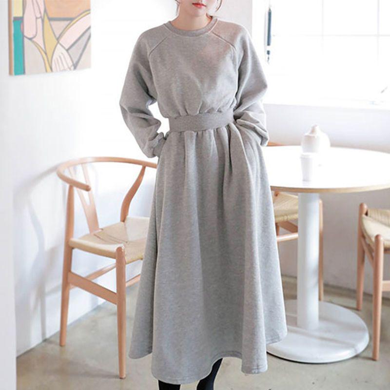Plus Size Women's Autumn/Winter Plush Hooded Dress with Waist-Cinch, Ankle-Length, Slimming Fit