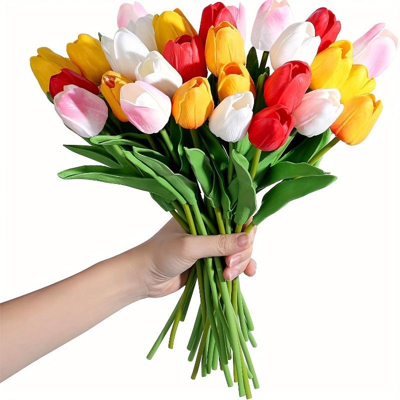 10Pcs Spring Wedding & Mother's Day Tulips, Multicolor PU Stem for Centerpiece, Home Table Decor, Realistic Artificial Flowers