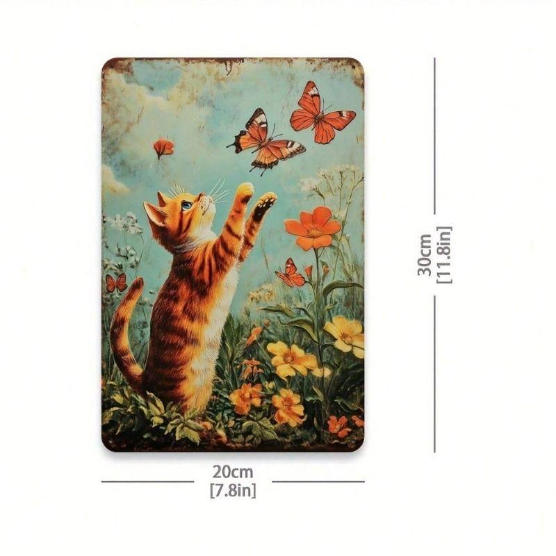 Metal Poster Wall Art Retro Cat Butterflies Vintage Tin Sign Home Decor
