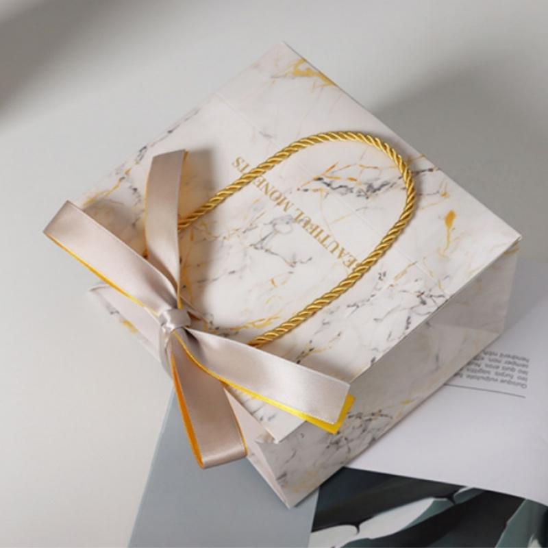 3pcsMarble Pattern Gift Bag Birthday Festival Party White Storage Tote Bag Gold Ribbon Baking Gift Packaging Paper Bag