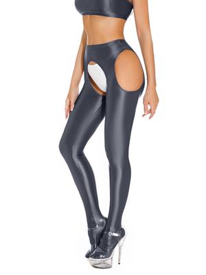 Sexy Satin Oil Shiny Pencil Pants Elastic Hollow Out Tight Sheer See Through Leggings Dance Candy Color Leotard Crotchless
