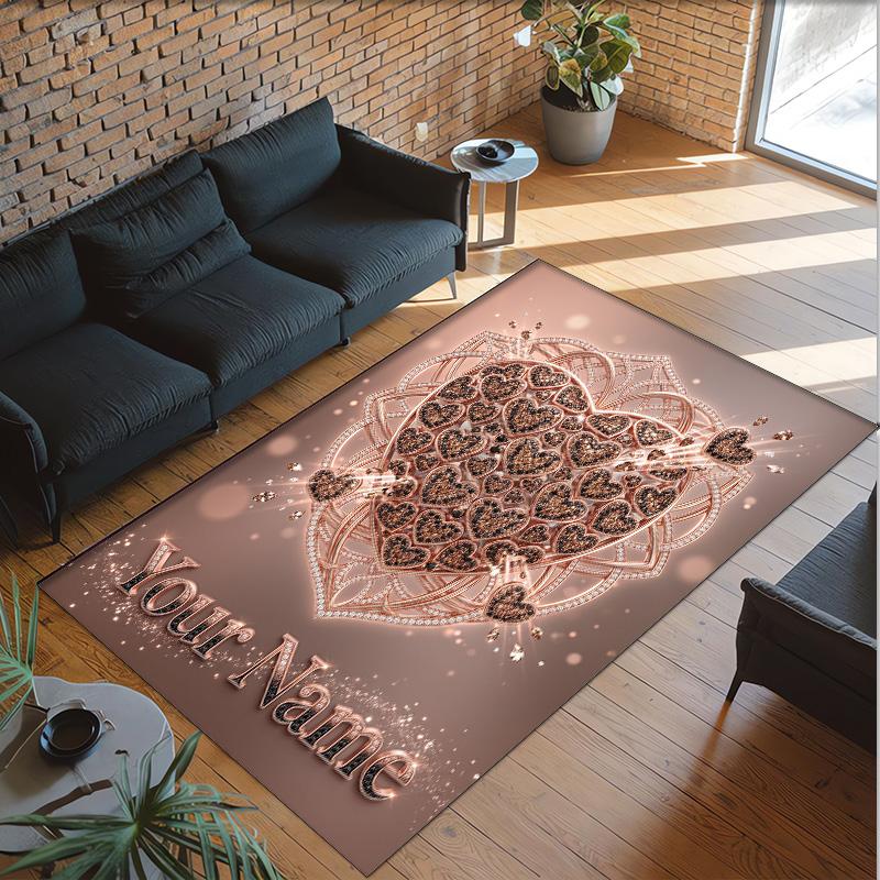 Hearts Theme Crystal Velvet Floor Rug Personalized Custom Name Text Warm Carpet Home Decoration