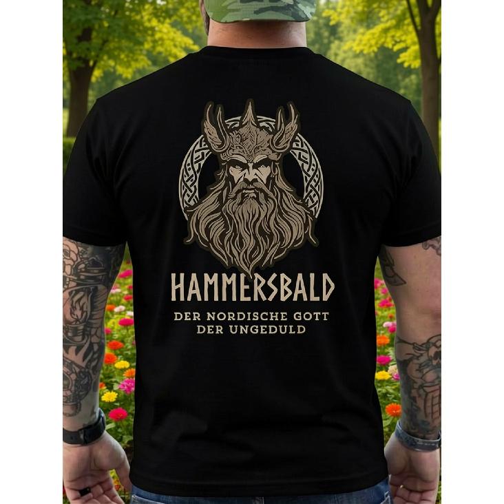 Men's Black Short Sleeve Crew Neck T-Shirt with Viking God Graphic Print, Soft Cotton Blend, Relaxed Fit for Casual Outdoor Wear