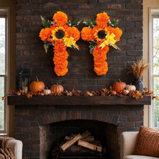 Fake Sunflower Decoration 2Pcs Dia De Los Muertos Artificial Flower, Marigold Cross Wall Decor for Day Of The Dead Floral Wreath of Halloween