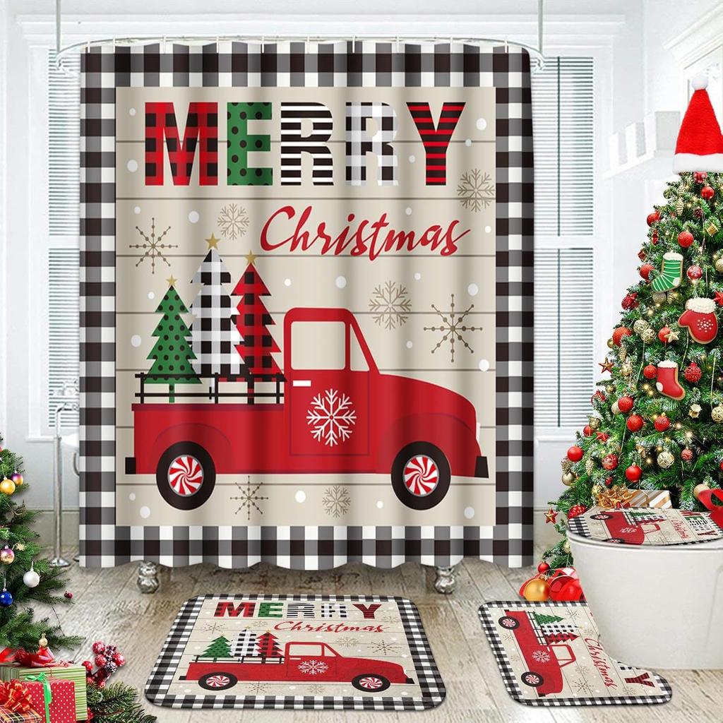 Merry Christmas Curtains Abstract Christmas Tree Truck Black And White Christmas Plaid Print Bathroom Bath Mat Toilet Lid