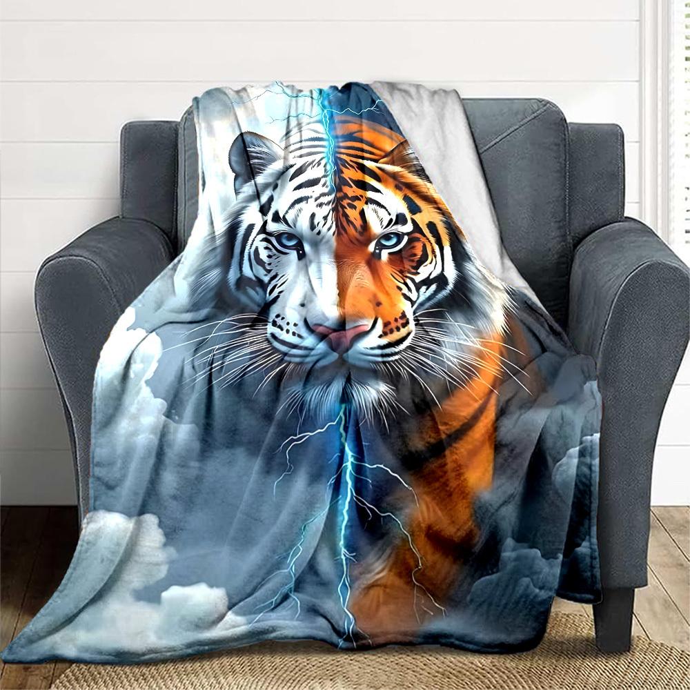 1pc Tiger Lightning Print Blanket Lightweight Flannel Blanket Throw Blanket For Sofa, Bed, Travel, Camping, Livingroom, Office, Couch, Chair, And Bed