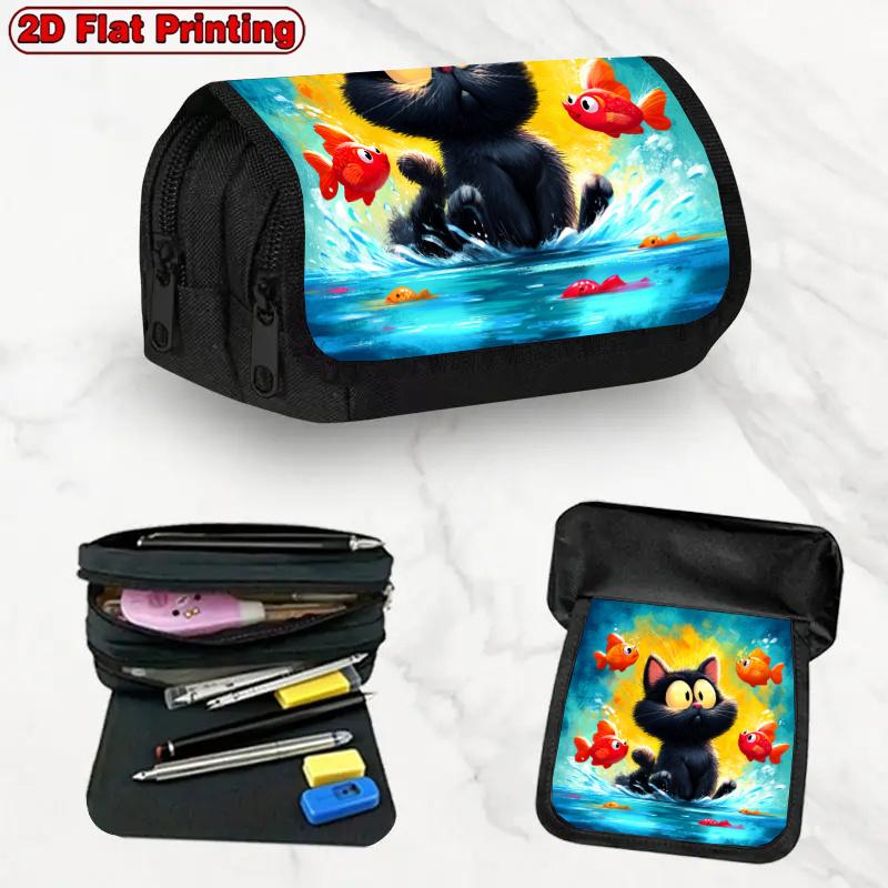 1pc Large Capacity Double Layer Flip Pencil Case Suitable For, Office & Travel - Black Cat & Fish Design Zipper Closure Supply, Stylish Desk Accessory