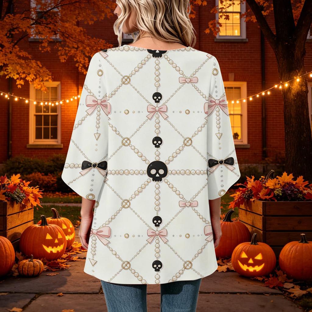 Women's Halloween Print Casual Top, Round Neck, Three-Quarter Sleeve, Loose Fit