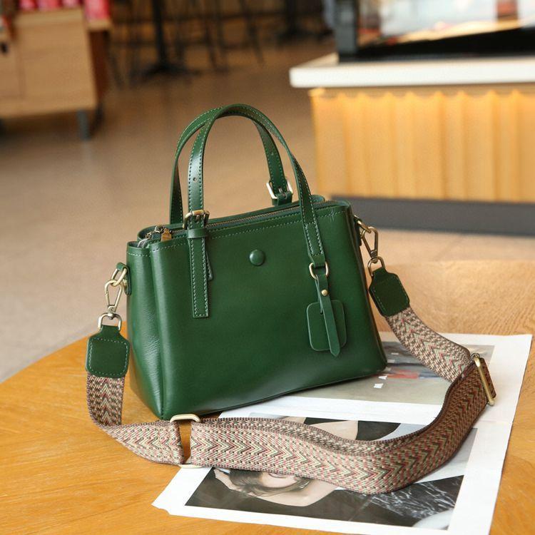 Genuine Leather Tote Bag for Women - Top Grain Vegetable Tanned Cowhide, 2-Way Handbag & Crossbody Bag with Wide Strap