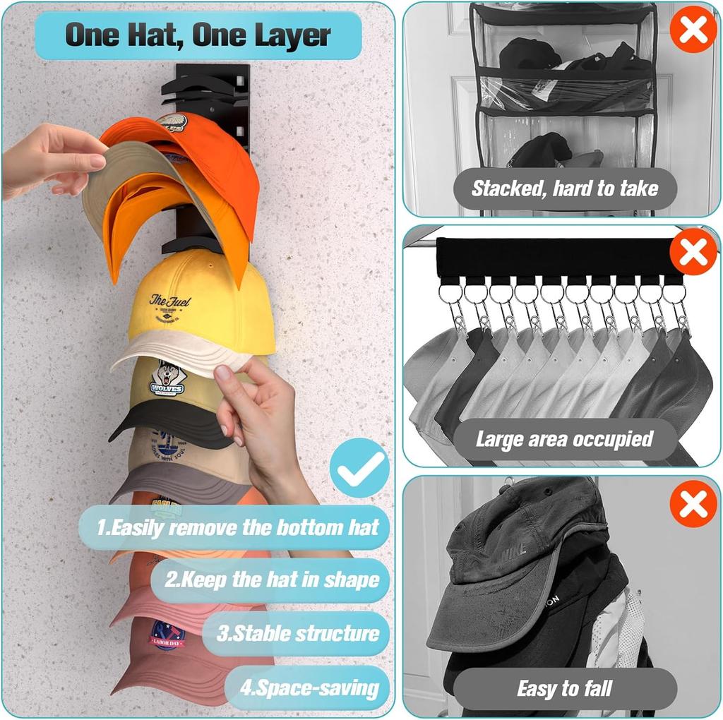 Hat Organizer for Baseball Caps 2Pack, Hat Rack for Wall with Strong Adhesive Hold up to 20 Hats, Hat Hanger Holder Display for Door Closet