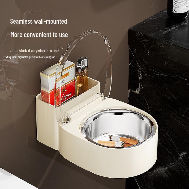 Punch-Free Wall-Mounted Bathroom Ashtray with Lid and Cigarette Storage Rack