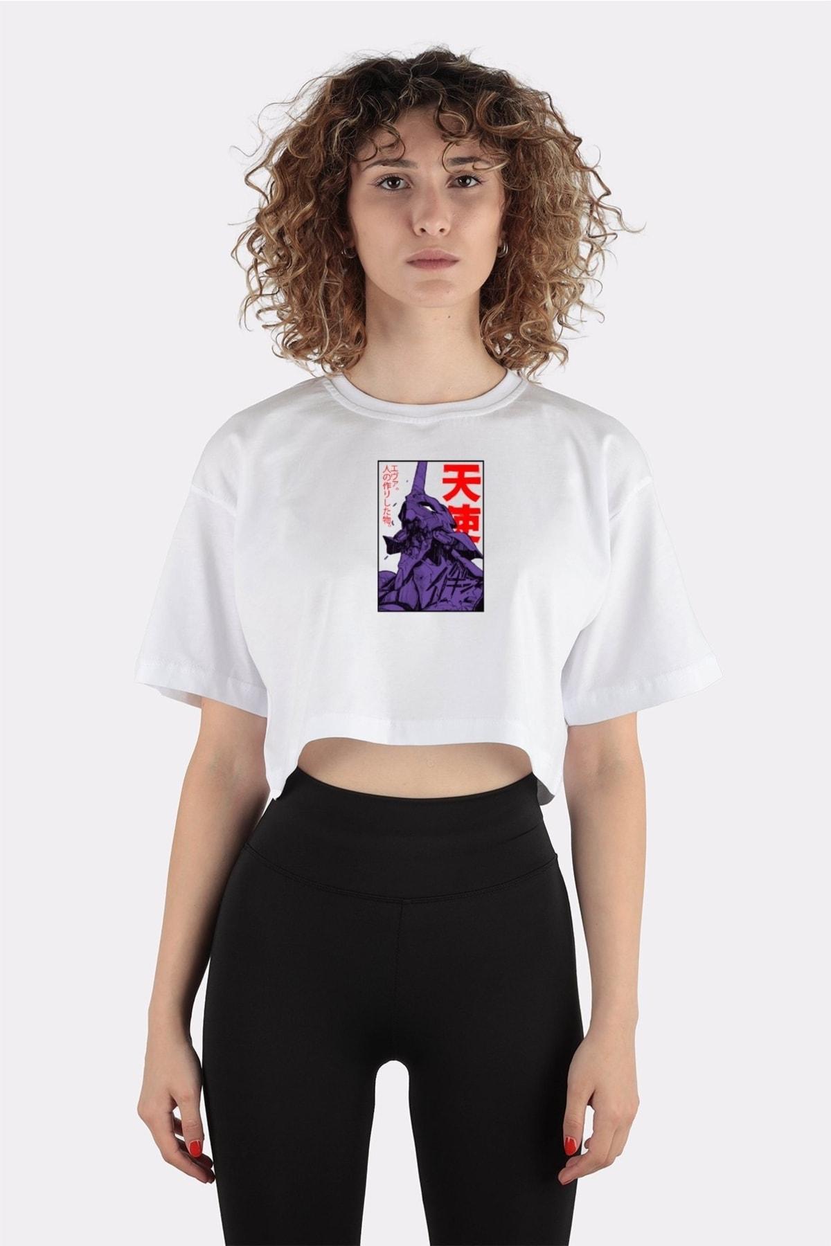 

Beyaz %100 Pamuk Bisiklet Yaka Crop T-shirt Eva 01 Evangelion