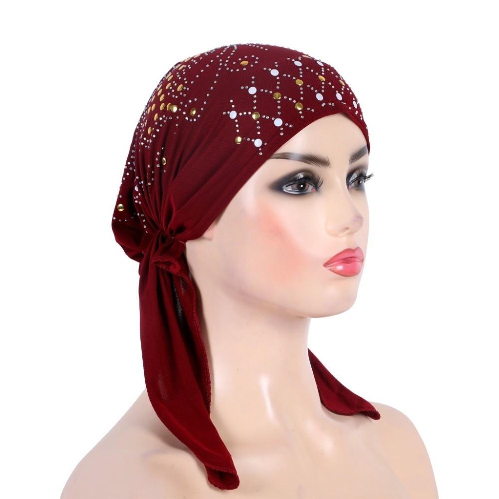 Fashion Gold Sequins Turban Hijab Cotton Solid Color Pull On Headwrap Breathable Soft Headscarf Hat