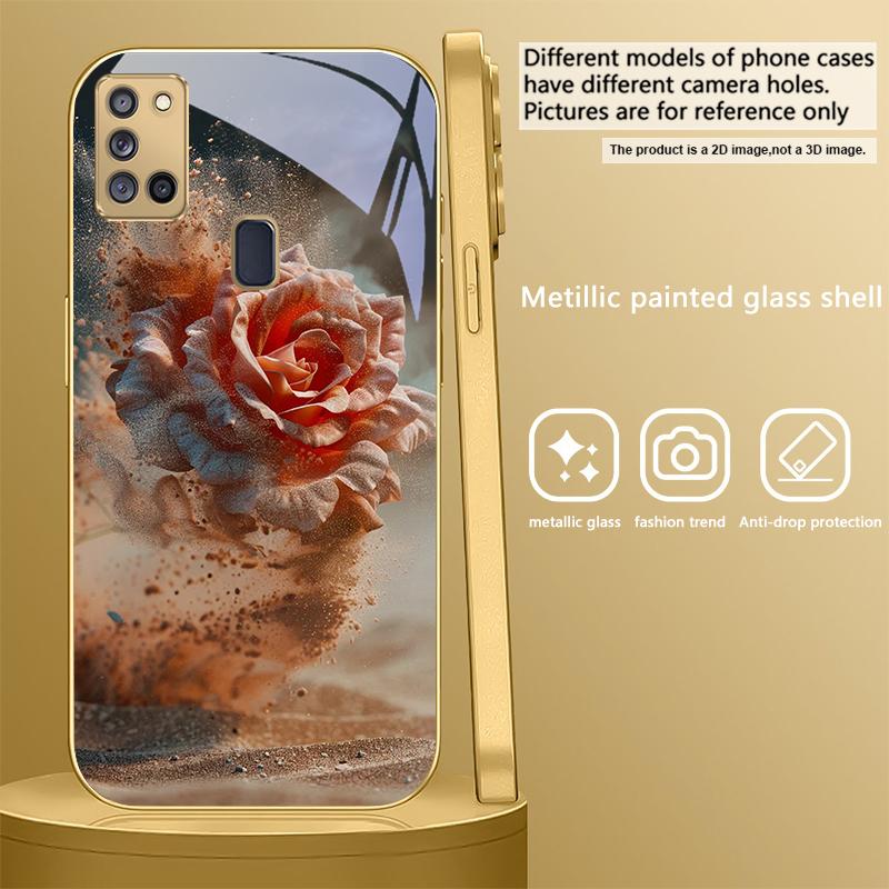 Vintage Desert Pink Rose For Samsung A 31 32 A33 A34 35 14 A15 13 16 25 26 50 52 53 54 55 56 70 71 72 73 Golden glass phone case