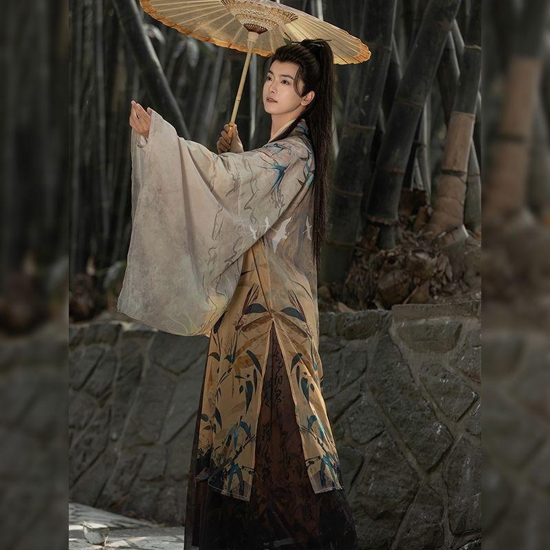 Hanfu Stile Dinastia Wei e Jin Cinese Top a Maniche Larghe con Colletto Stampato Set Gonna Lunghezza Vita