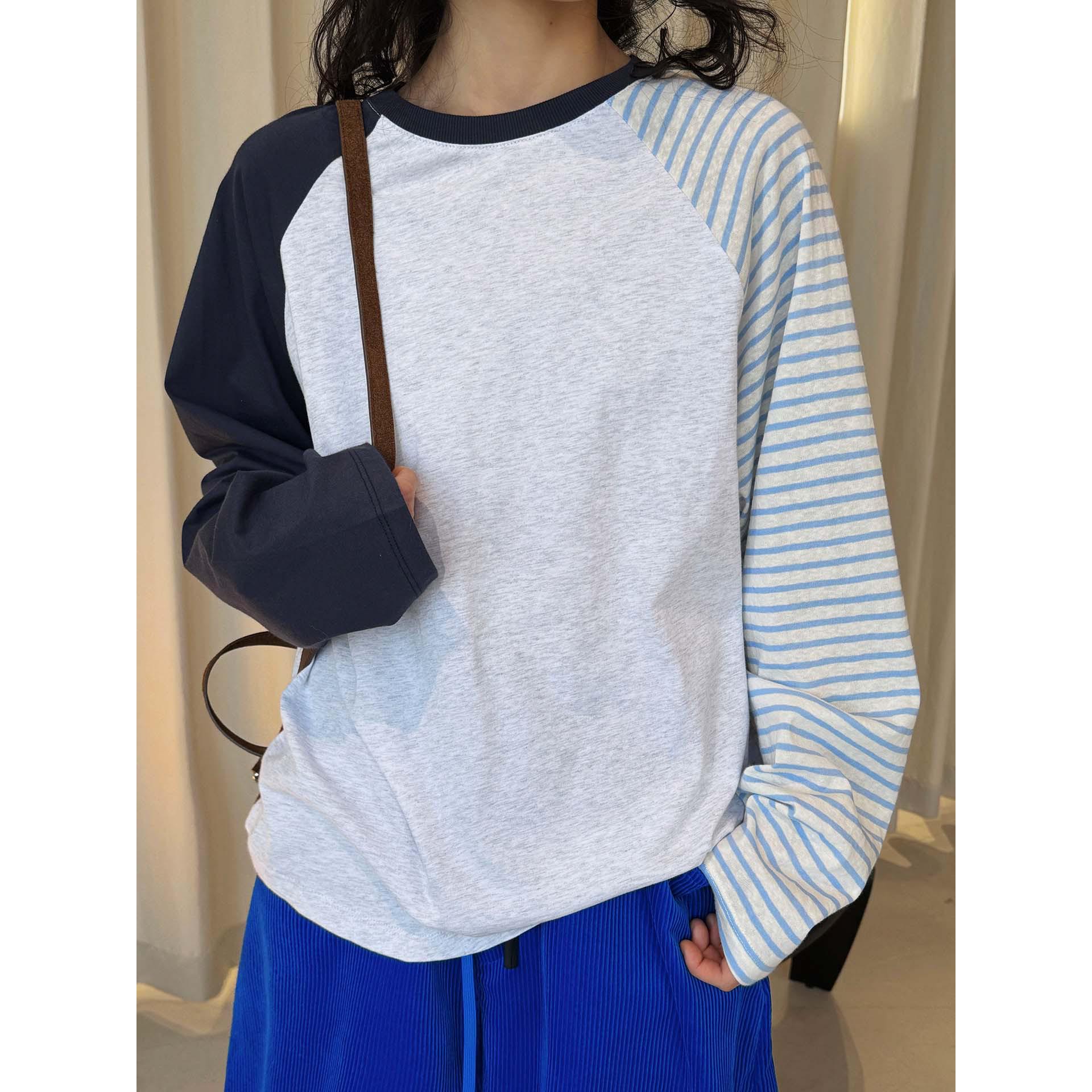 Louvre Spring Korean Color Block Stripe Round Neck Loose T-shirt for Women One Size серый