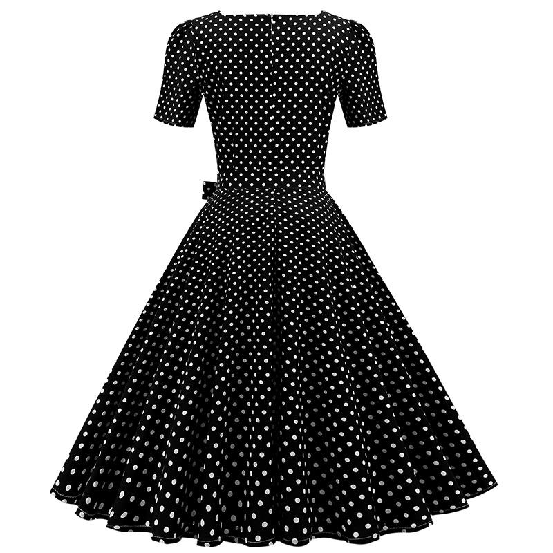 Retro Hepburn-Style Polka Dot Belted Dress with Square Neck and Cinched Waist