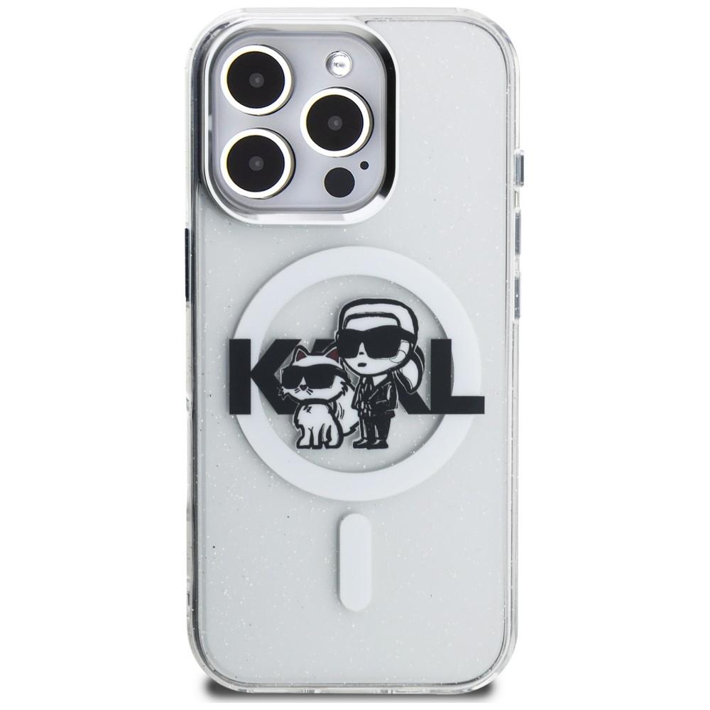 Karl Lagerfeld IML Glitter Karl & Choupette Sketch Logo MagSafe Case for iPhone 16 Pro Max Transparent