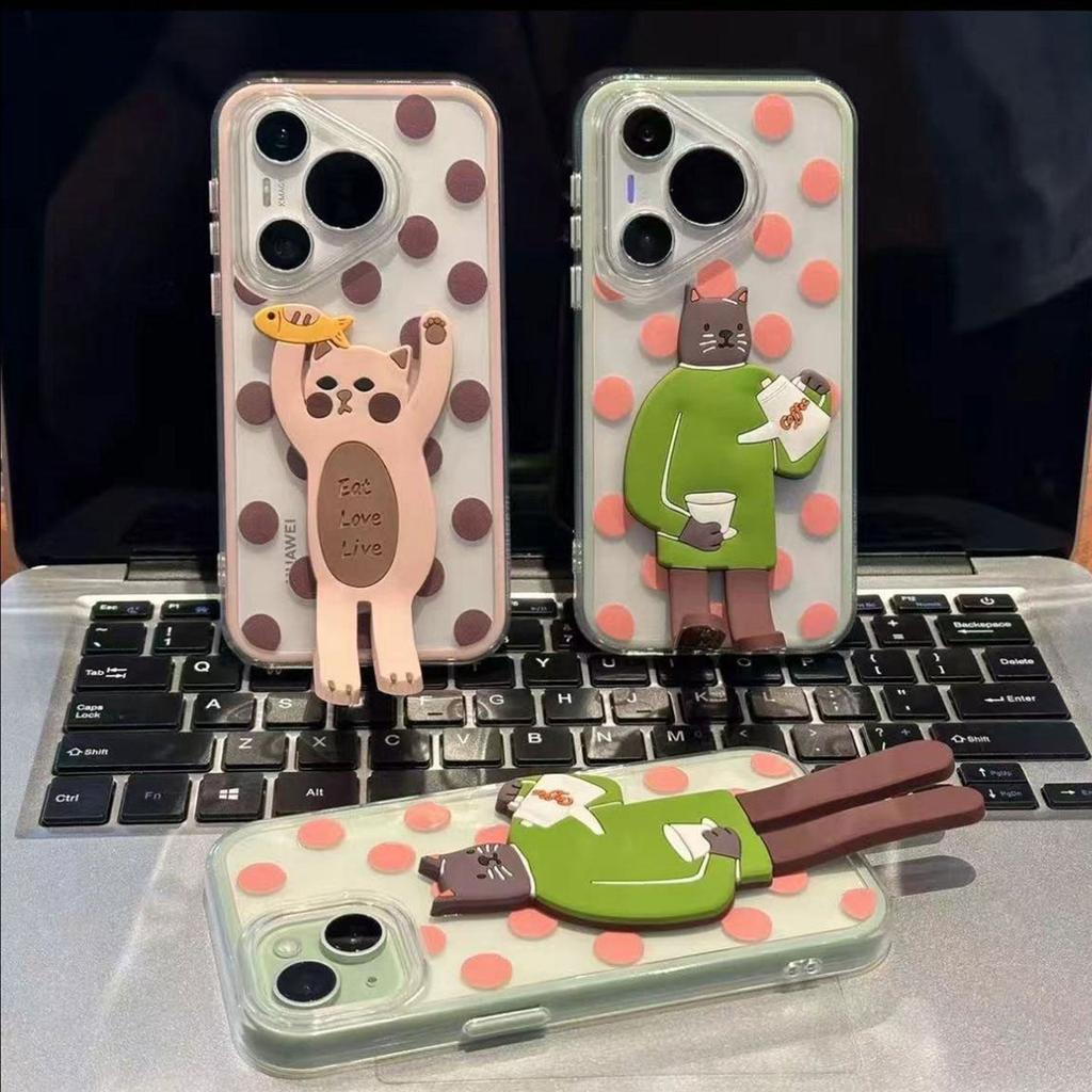 Couple Catching Fish Cat Is Suitable for Apple Promax Creative Mobile Phone Case Large Wave Point Bracket Huawei P Xiaomi