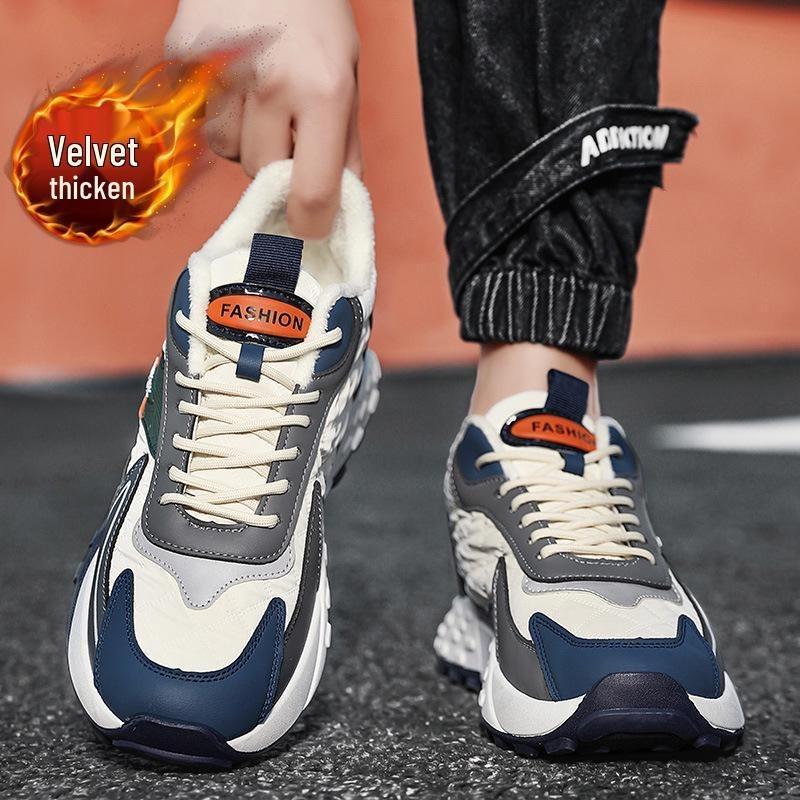 Męskie buty jesienno-zimowe 2025 z pluszowym wnętrzem - Modne, na grubej podeszwie, casualowe sneakersy