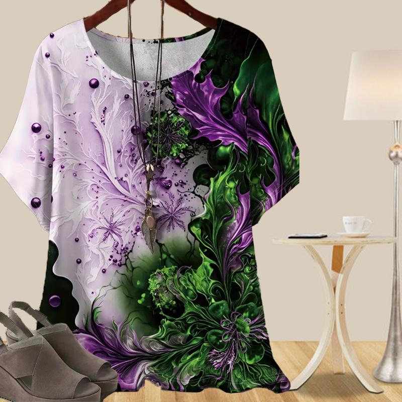 Women's Fashion Casual Loose Spring Shirt Women's Short Sleeve Creative Flowers Printed Tops