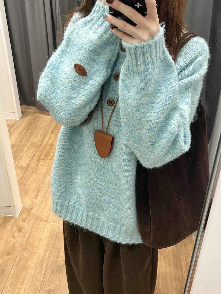 Large Version Thickened Soft Waxy Sweater Women's Semi-open Neck Button-knitted Sweater Autumn and Winter Loose Inner Long-sleeved Lazy Top