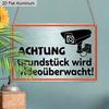 2D Flach 1 Stück 12"x8" Retro Sicherheits Aluminium Wandkunst mit "ACHTUNG Grundstück Wird Videoüberwacht!"""Zitat - Vintage deutsches Warnschild, Kamera""""""