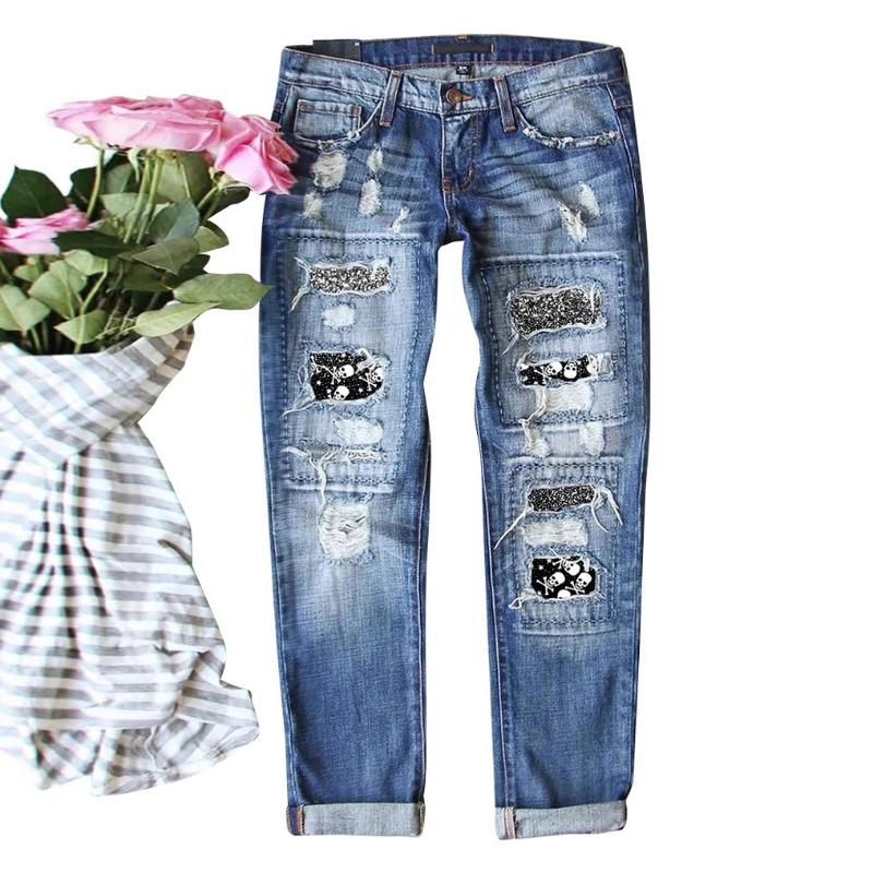 Autumn and Winter New Skeleton Ripped Cloth Jeans Women's Straight Trousers