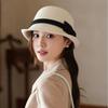 Hepburn wind warped edge small brim wool small pot hat bow decoration British versatile top hat autumn and winter bucket hat women