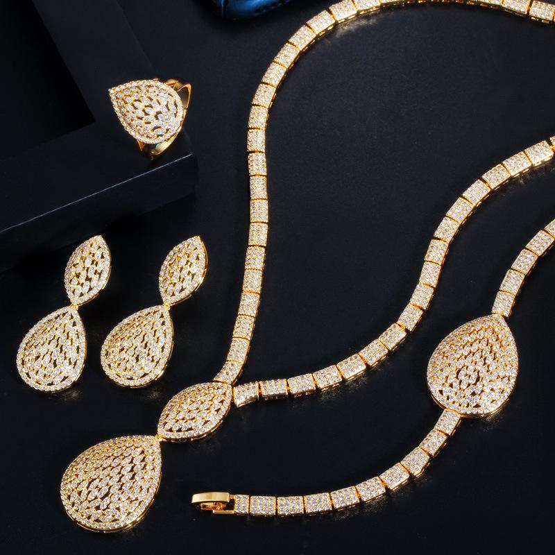Gold-Plated Diamond Drop Necklace Earrings Bracelet Ring Jewelry Zircon Four-Piece Set