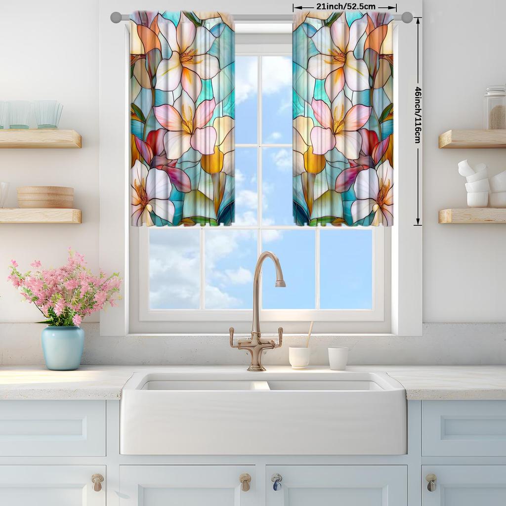 2 Panels Stained Glass Flower Pattern Window Curtains- Heat-insulating   Suitable for Decorating Curtains In Various Rooms