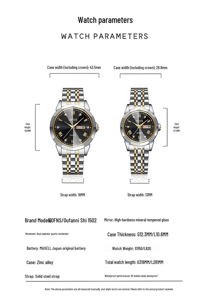 Orologi al Quarzo Impermeabili per Coppia Oufanni con Doppio Calendario e Bracciale in Acciaio Luminoso