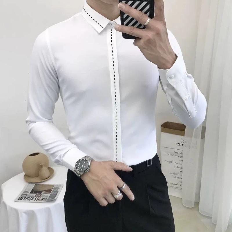 Smart Casual Spring Autumn Men Clothing Shirts Lapel Line Single Breasted Korean Fashion Trend Business Slim Long Sleeve Tops